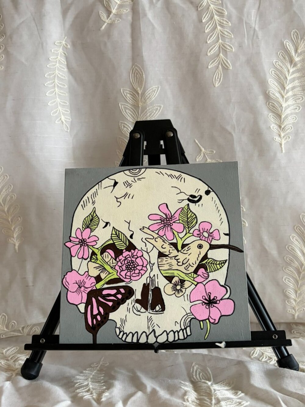 Hand Painted Floral Skull Butterfly Canvas 10x10